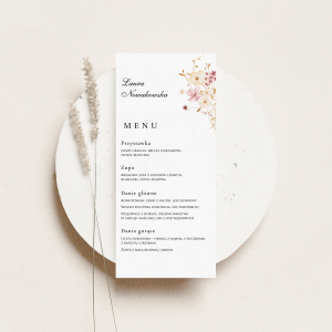 Białe, klasyczne menu z polnymi kwiatami