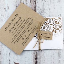 Białe, rustykalne, eko zaproszenia ślubne w kształcie koperty