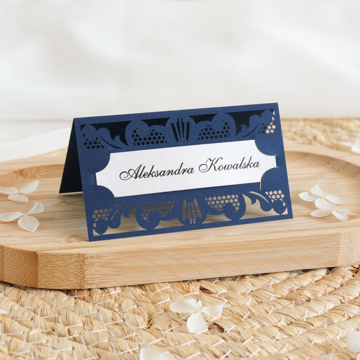 Granatowe, ażurowe winietki weselne - Navy Blue 03