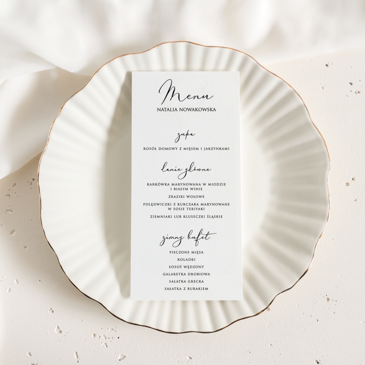 Białe, klasyczne menu z winietką
