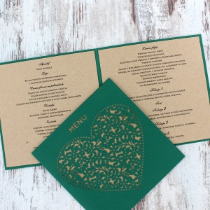 Zielone Rustykalne menu weselne, wycinane laserowo
