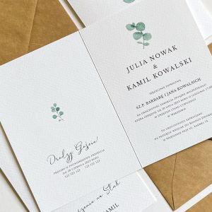 Białe minimalistyczne zaproszenia ślubne z eukaliptusem - flora 9